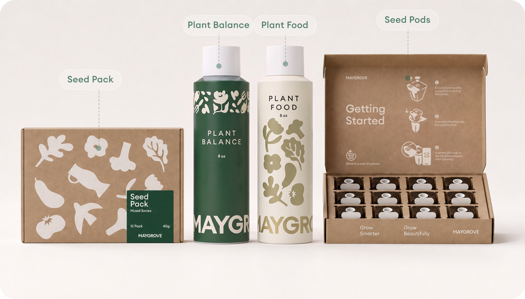 Maygrove growing essentials — seed package, plant food, system cleaner and seed pods